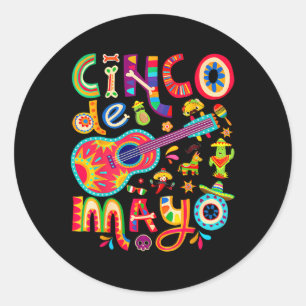 Sticker Rond Tee Cinco De Mayo Taco Mexicain Guitare Fiesta Cin