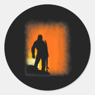 Sticker Rond Tee drôle de Bigfoot surfeur coucher de soleil Sas