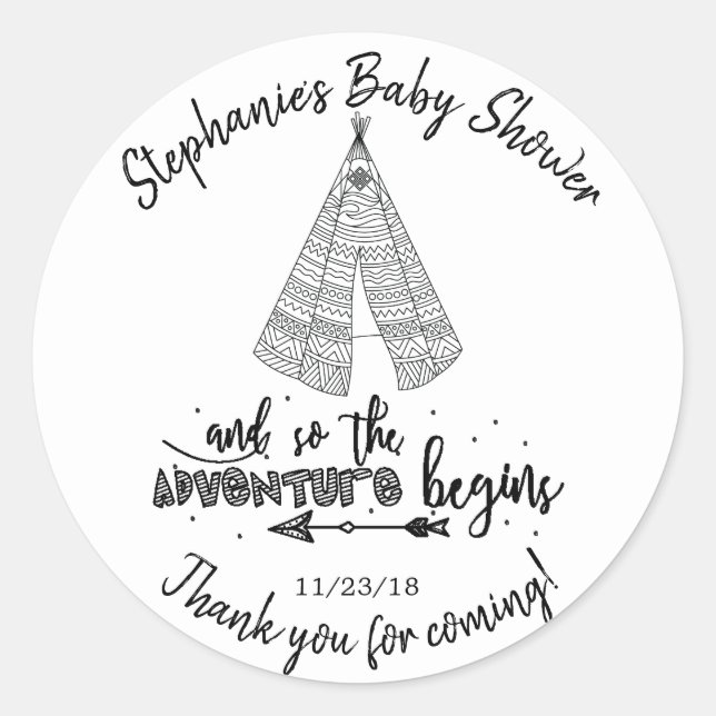 Sticker Rond Teepee Adventure Boys Baby shower Favoriser Sticke (Devant)