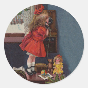 Sticker Rond Téléphone Antique de Petite Fille de Noël