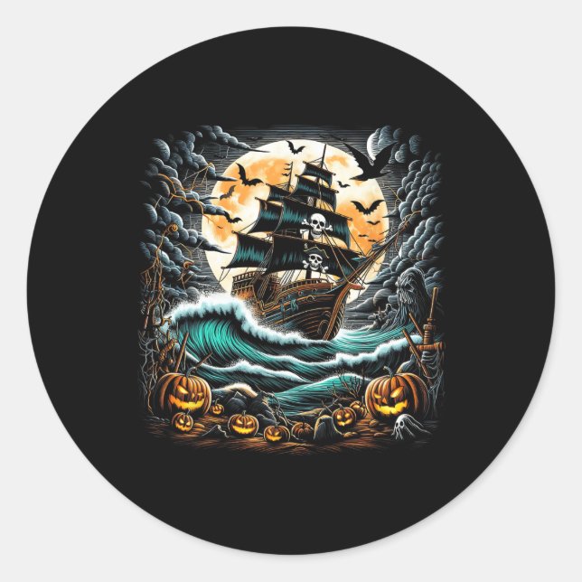 Sticker Rond Tempête de bateau pirate Halloween Bateau Capitain (Devant)