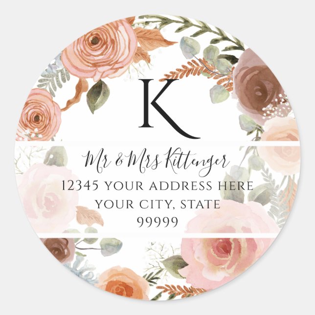 Sticker Rond TEMPLATE Monogramme Adresse de Retour Floral Fardé (Devant)