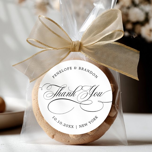 Sticker Rond Temps de calligraphie moderne noir mariage merci (Modern calligraphy timeless black wedding thank you classic round sticker)