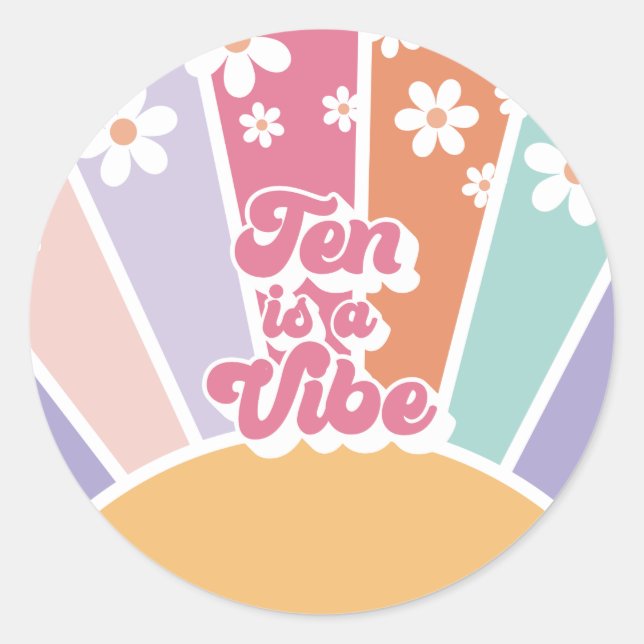 Sticker Rond Ten est une Vibe Retro Sunshine Rainbow Daisy (Devant)