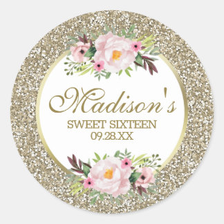 Sticker Rond Tendance Paillettes Or Fleur Sweet 16