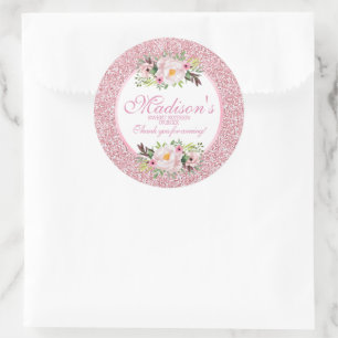 Sticker Rond Tendance Paillettes Rose Floral Sweet 16 Merci