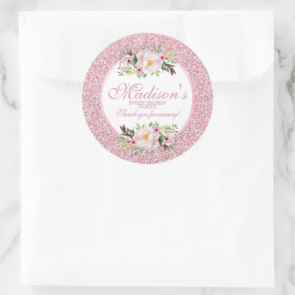 Sticker Rond Tendance Paillettes Rose Floral Sweet 16 Merci