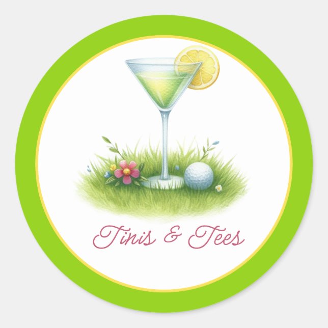 Sticker Rond Tendance Vert & Gen Z Jaune Martini Golf Mariage (Devant)