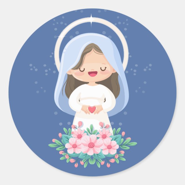 Sticker Rond Tender Kawaii Vierge Marie avec Coeur - Bleu foncé (Devant)