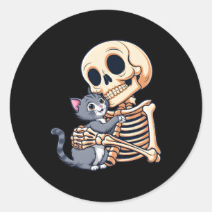 Sticker Rond Tenir Un Chat Cute Halloween Costume Crâne Chat