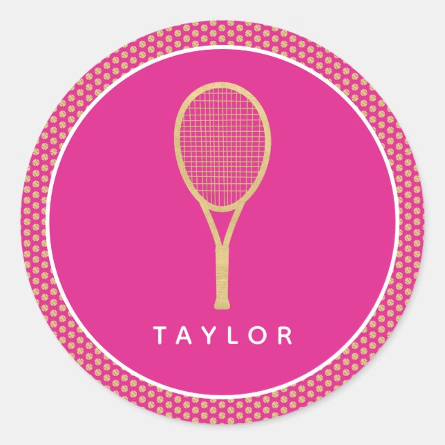 Sticker Rond Tennis Chic Rose Gold Nom personnalisé (Devant)