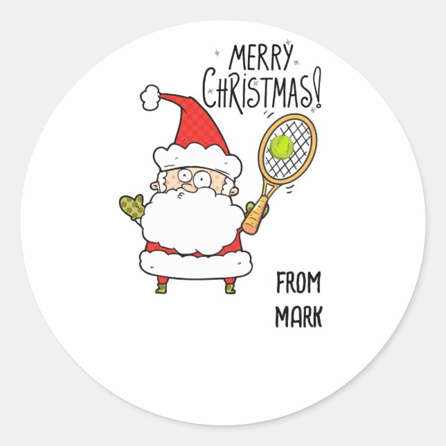 Sticker Rond Tennis Noël Vacances avec balle et Père Noël drôle (Devant)