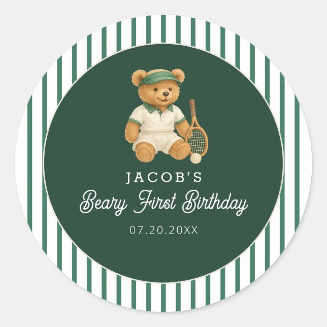 Sticker Rond Tennis Preppy Bear 1er anniversaire (Devant)
