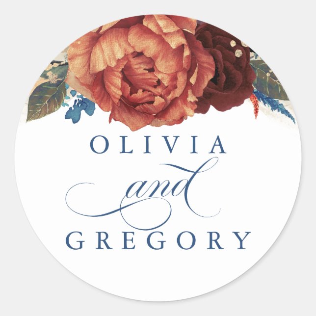 Sticker Rond Terracotta et Mariage floral bleu marine (Devant)