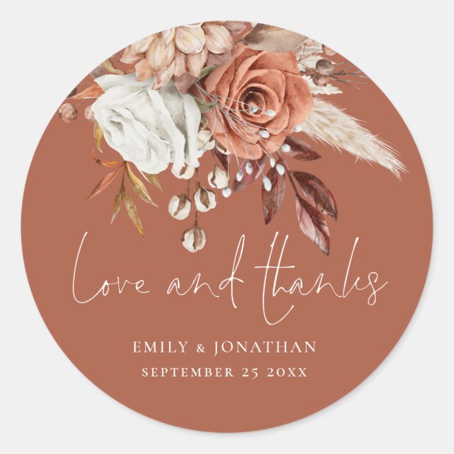 Sticker Rond Terracotta Florals Aimer Merci Mariage rouille (Devant)