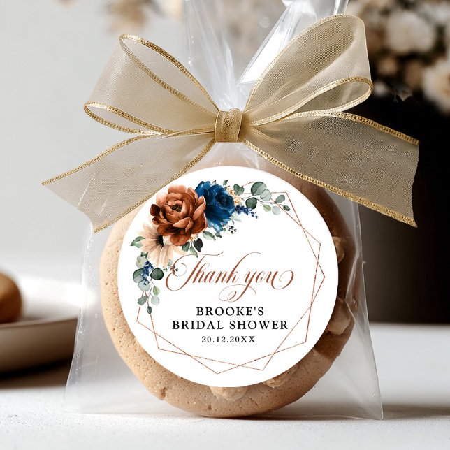 Sticker Rond Terracotta Marine Bleu Vert Merci géométrique (Terracotta Navy Blue Greenery Geometric Thank you Classic Round Sticker)