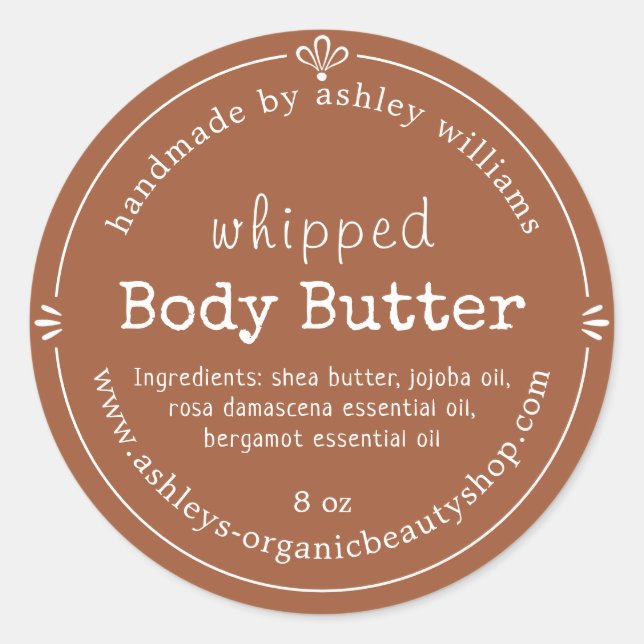 Sticker Rond TerraCotta Script Handmade Body Butter Label (Devant)