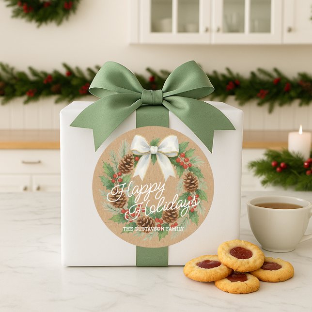 Sticker Rond Terrain Décembre Classé Avec Aquarelle Bow Blanche (Créateur téléchargé)