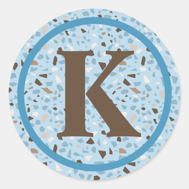 Sticker Rond Terrazzo Monogram Bleu Tan Brown Moderne (Devant)
