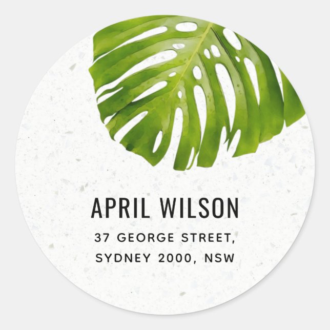 STICKER ROND TERRAZZO VERT BLANC MONSTERA ADRESSE FOLIAGE FEUIL (Devant)