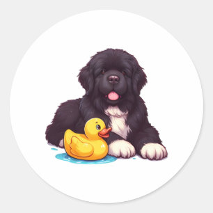 Sticker Rond Terre-Neuve avec un canard en caoutchouc