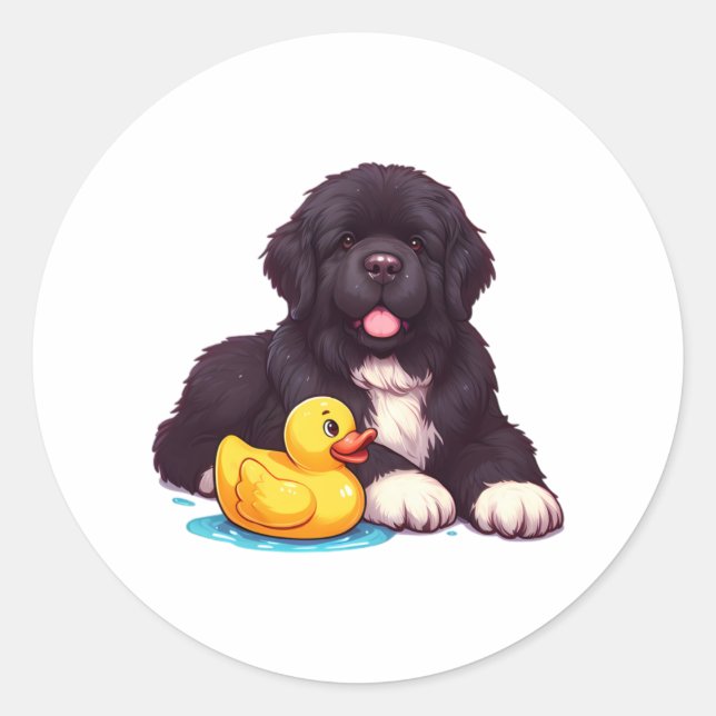 Sticker Rond Terre-Neuve avec un canard en caoutchouc (Devant)