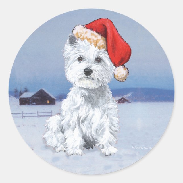 Sticker Rond Terrier Blanc de West Highland Noël (Devant)