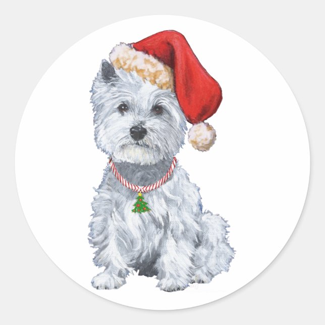 Sticker Rond Terrier Blanc de West Highland Père Noël (Devant)