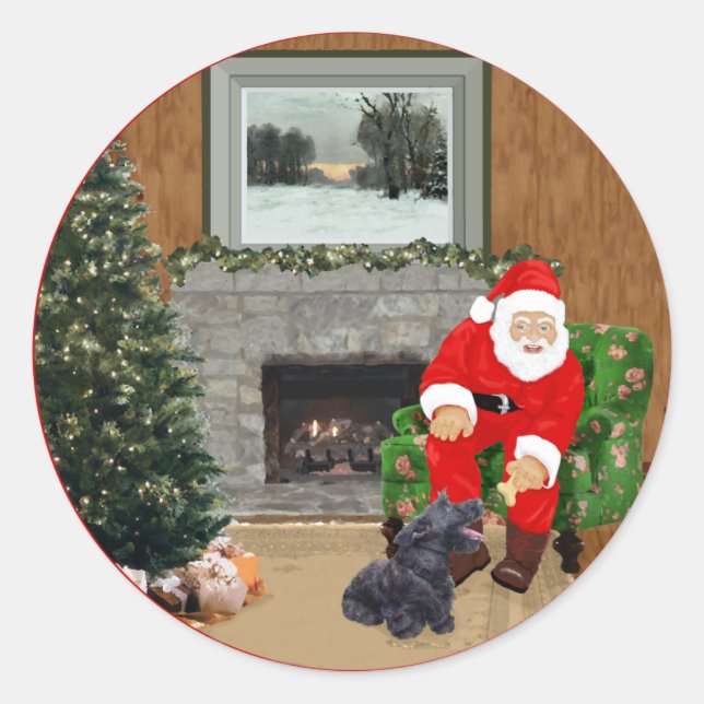 Sticker Rond Terrier Écossais heureux & Père Noël (Devant)