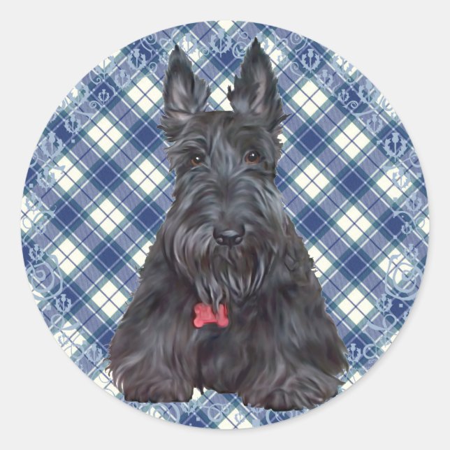Sticker Rond Terrier écossais sur Tartan (Devant)