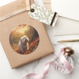 Sticker Rond Terrier tibétain à l'automne Feuilles automne Insp