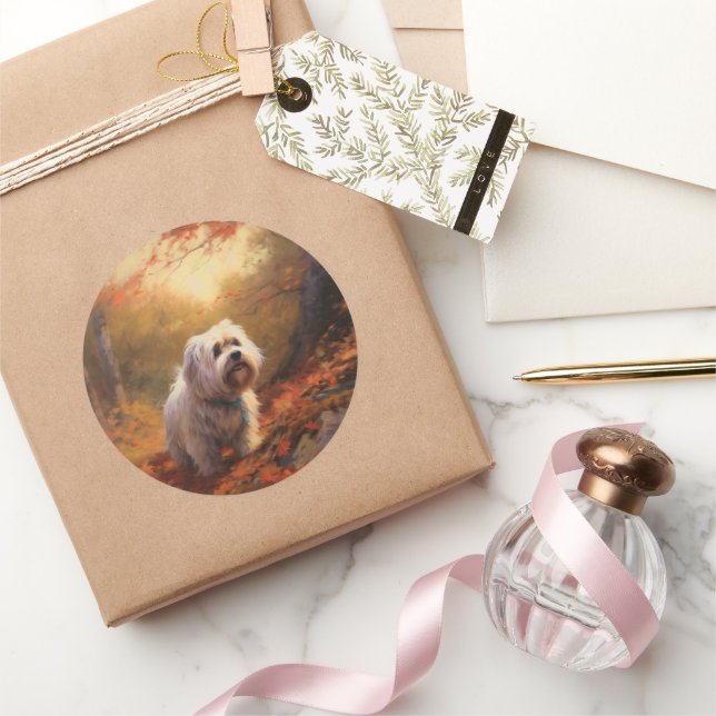 Sticker Rond Terrier tibétain à l'automne Feuilles automne Insp (Cadeaux)