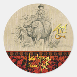 Sticker Rond Têt du Nouvel An vietnamien OX and Child 2021 RS