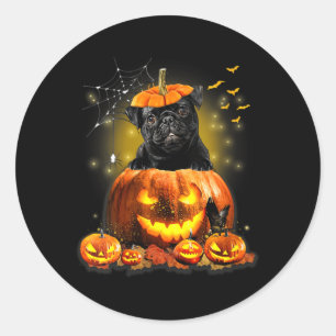 Sticker Rond Tête de chien Pug noir femme Halloween Citrouille 