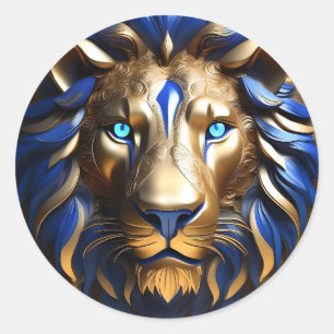 Sticker Rond Tête de lion bleu et or,