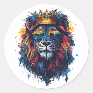 Sticker Rond Tête de lion gras avec lunettes de soleil et couro