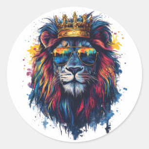 Sticker Rond Tête de lion gras avec lunettes de soleil et couro