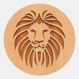 Sticker Rond Tête de lion gravée sur le bois
