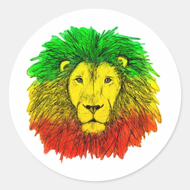 Sticker Rond Tête de lion Rasta rouge jaune vert dessin Jamaïqu (Devant)