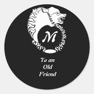 Sticker Rond Tête de loup blanc tribal Silhouette Laurel Monogr