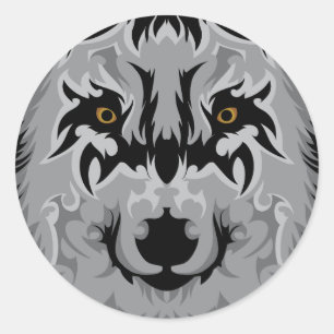 Sticker Rond Tête de loup tribal gris