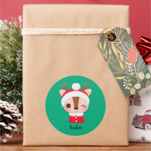 Sticker Rond Tête de renne de Père Noël Noël mignonne