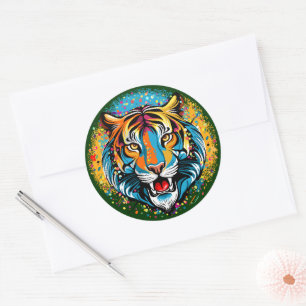 Sticker Rond Tête de tigre couleurs arc-en-ciel peinture taches