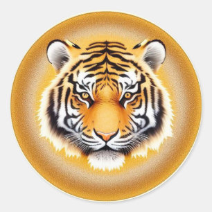 Sticker Rond Tête de tigre encadrée d'une aura dorée lumineuse