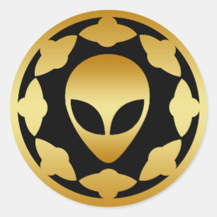 STICKER ROND TÊTE D'OR ET VAISSEAUX SPATIAUX ÉTRANGERS