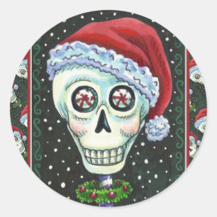 STICKER ROND TÊTE MORTE PÈRE NOËL SKULL, HUMOUR SKELETON DE NOË
