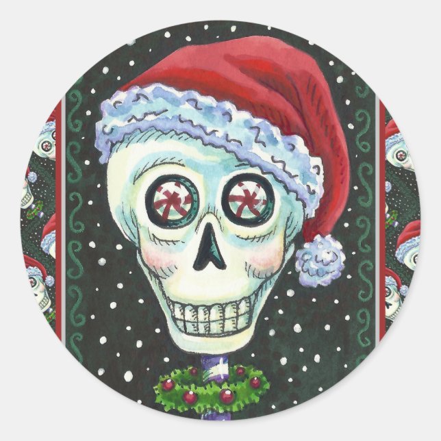 STICKER ROND TÊTE MORTE PÈRE NOËL SKULL, HUMOUR SKELETON DE NOË (Devant)