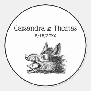 Sticker Rond Tête vintage de sanglier Dessin BW