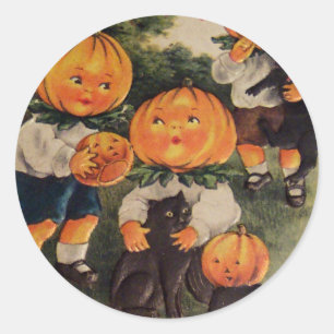 Sticker Rond Têtes de citrouilles (Carte Halloween vintage)