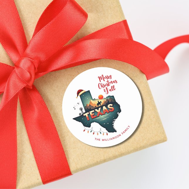 Sticker Rond Texas State Joyeux Noël Y'all Texte personnalisé X (Edit or remove text as required. See collection for matching items)